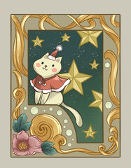 Christmas illustration. Cat, flower and stars, digital art.