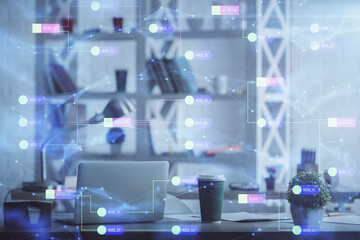 Double exposure of data theme drawing and office interior background. Concept of technology.