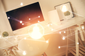 Double exposure of social network theme drawing and office interior background. Concept of web.