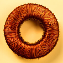 Toroidal transformer winding. Copper wire close-up.