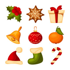 Christmas decorative symbols set isolated on white background. Sweet candy cane, orange citrus and gingerbread. Seasonal winter new year vector illustrations.
