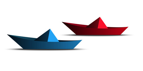 Blue and red paper boat on a white background