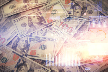 Double exposure of data theme drawing over us dollars bill background. Technology concept.