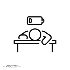 tired person in the workplace, tiredness or burnout icon, low level energy in work battery, exhausted and sleepy man, thin line symbol - editable stroke vector illustration - obrazy, fototapety, plakaty
