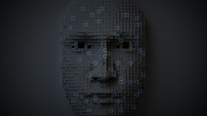 Human face made of black pixels 3D render