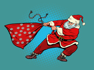 Santa Claus is pulling a heavy bag, a lot of gifts. Christmas and New Year winter holidays