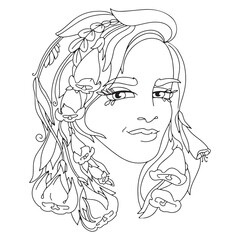 Young woman with flowers in hair. Outline vector illustration.