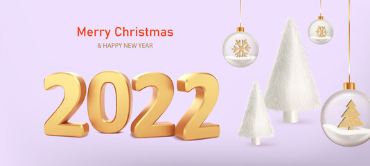 Happy New Year 2022. Numbers 2022 with fur balls and white fur Christmas trees on lilac background. Trendy Xmas background with glass balls, glitter golden confetti. Realistic vector illustration