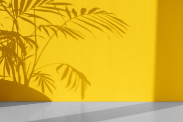 Minimal abstract background for the presentation of a cosmetic product. Premium podium with a shadow of tropical palm leaves on a yellow-gray background. Showcase, display case.