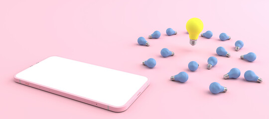 3D rendering of Smartphone white screen surrounded by Many blue light bulbs placed on a pastel pink floor. Concept of money and Business on mobile, Creative ideas on phone, isolated on pink background