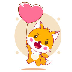 Cute fox flying with love balloon cartoon character illustration chibi style isolated background