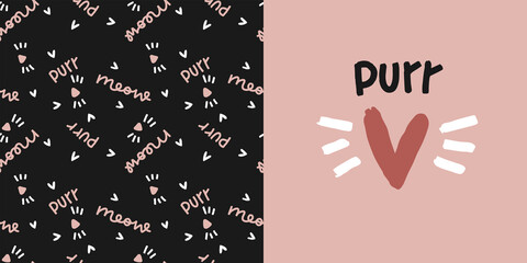 Purr handwritten sign with heart for cat owner clothing print. Modern vector seamless pattern and clipart set in pink and black colours.