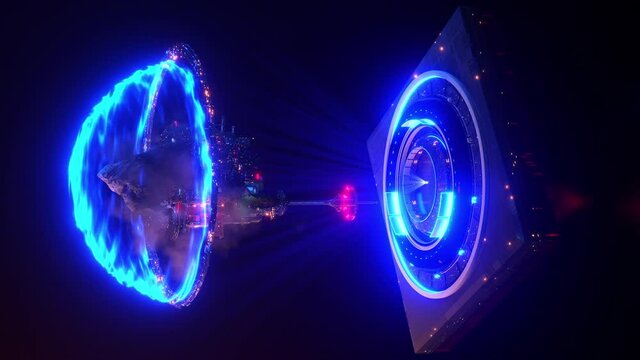 Vertical sci fi city hologram background to smartphones. Space colony  in a futuristic 3D fantasy model for a science fiction animated background. (Seamless loop)