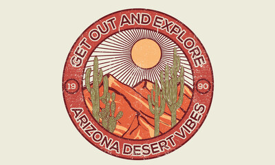 Desert vibes with cactus vector graphic design for t shirt. Get out and explore western desert print artwork for apparel, sticker, batch, background, poster and others.