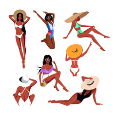 Digital illustration of a set of beautiful girls in different poses, relaxing on the beach in summer in beautiful swimsuits