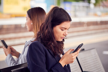 Two Businesswomen Commuting To Work Waiting For Train On Station Platform Looking At Mobile Phones