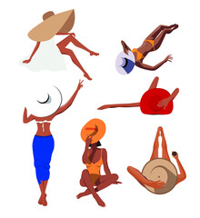 Digital illustration of a girl group in different poses on vacation by the sea