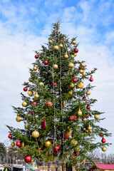 Large decorated green tree at Christmas Market in Drumul Taberei Park (Parcul Drumul Taberei) known as Moghioros in a sunny autumn day 
