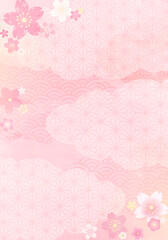 春の和柄と桜と雲のパステルなベクターイラスト背景