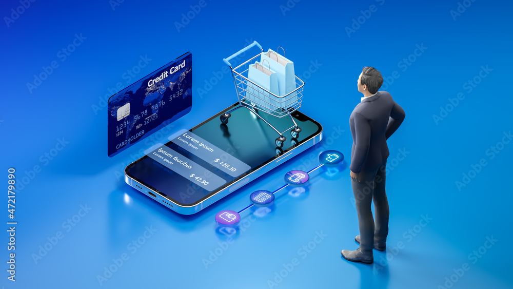 Poster man with shopping online application on smartphone, online mobile shopping and delivery for web page