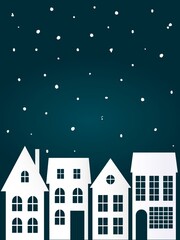 Christmas New Year banner with rural houses snowfall on dark blue sky background. Cozy winter scene illustration in vintage style