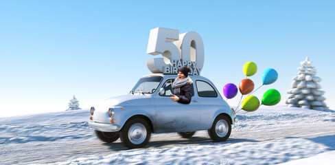 Geburtstagsauto Happy Birthday 50 im Winter