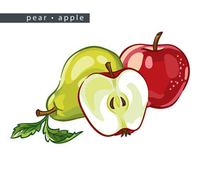 sketch_pear_apple_two_whole_fruits_half_and_leaves