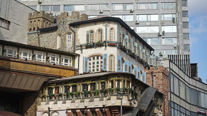 Fototapeta na wymiar View of the Georgian-style restaurant Genatsvale in Arbatsky lane in Moscow