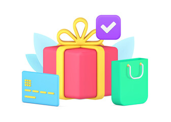 Buying goods purchase complete with checkmark celebrating holiday 3d icon isometric vector