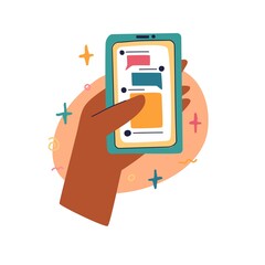 A dark-skinned human hand holds a telephone. Icon of a gesture of holding a smartphone with a chat. Cartoon style. Vector