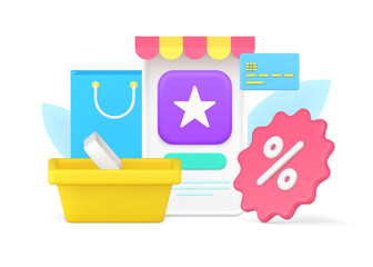 Seasonal discount sale at grocery supermarket shopping basket credit card and percentage tag 3d icon