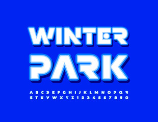 Vector creative flyer Winter Park. Abstract sticker Font. Blue and White artistic style Alphabet Letters and Numbers set