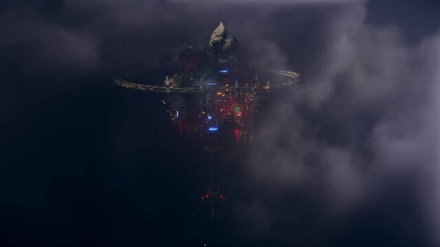 3D Futuristic sci fi city in clouds. Concept of the future colony. Flying star ship transport. Space fantastic view.