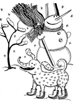 Illustration, graphics, hand drawing, funny dog and snowman, pet's winter walk