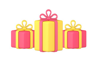 Bright festive package cardboard gift boxes different shapes for congratulations birthday 3d icon