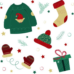 Vector illustration of winter clothes collection. Knitted hat, sock, hand gloves, sweater in Christmas style isolated on white background in cartoon flat style.