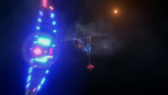 3D Futuristic sci fi city in clouds. Concept of the future colony. Flying star ship transport. Space fantastic view.