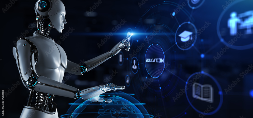 Poster education automation e-learning. robot pressing button 3d render.