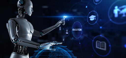 Education automation e-learning. Robot pressing button 3d render.