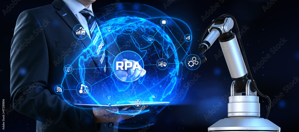 Poster rpa robotic process automation. business industrial technology concept. cobot 3d render.