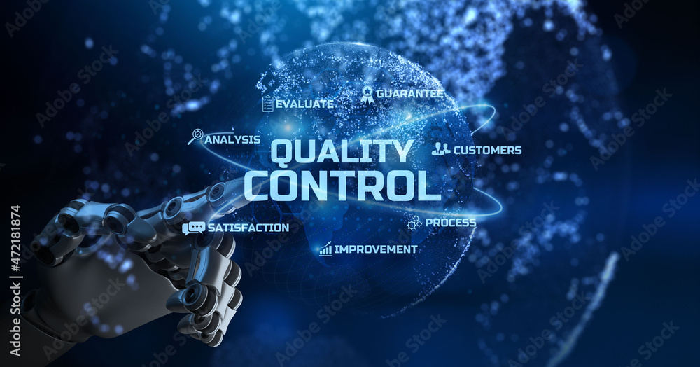 Aufkleber quality control assurance standardisation standards iso. robotic arm 3d rendering.
