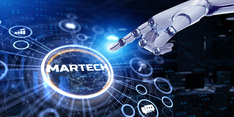 Martech marketing technology automation concept on virtual screen. 3d render robot pressing button.