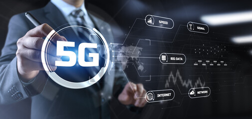 Fototapeta premium 5G High-speed internet connection concept. Businessman pressing button on screen.