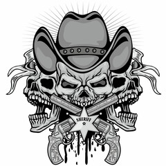 skull with a cowboy hat and a guns,  grunge vintage design t shirts