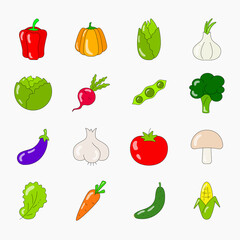 Vegetables colored icon set. Flat Vector illustration line icons set for mobile, web and menu design. Food concept.
