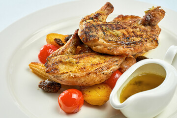 Grilled baked chicken with vegetables and sauce in a white plate on a white tablecloth. Coq au vin