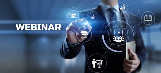 Webinar online learning education concept. Businessman pressing button on screen.