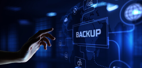 Naklejka premium Backup Disaster recovery. Hand pressing button on screen.
