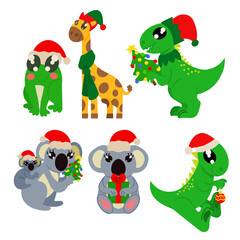 Fototapeta premium Set of different animals celebrating holidays. Cute frog giraffe dressed as elf dinosaur with tree koala with baby and with Christmas tree in paws koala holding gift and dinosaur with Christmas ball