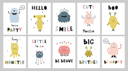 A big set of posters with cute cartoon monsters. Funny characters with hand-drawn inscriptions. Vector illustration for the design of a children's room, nursery clothing, T-shirt print - obrazy, fototapety, plakaty